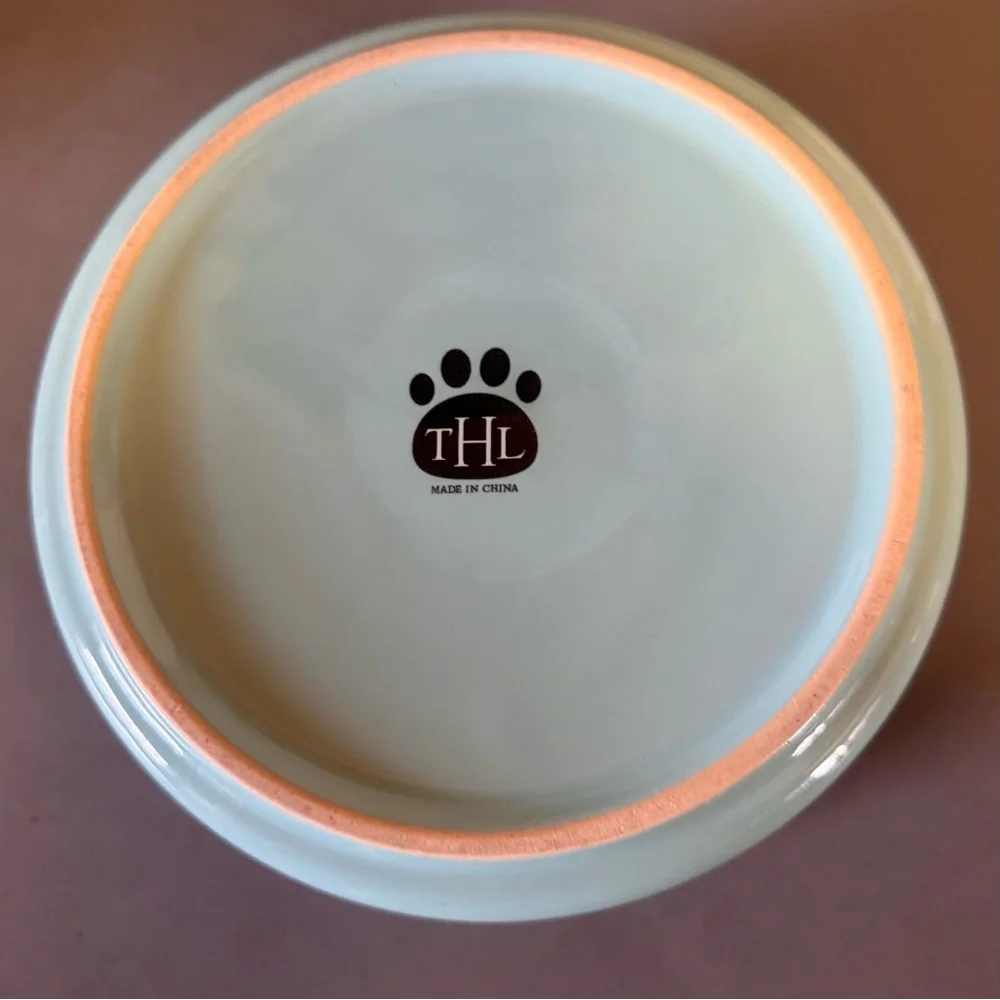 Ceramic Dog Bowl Blue White & Food, Brown Letters With Brown Bone Print